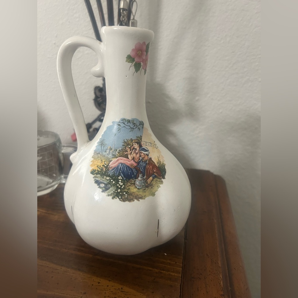 Vintage Mid-Century Ceramic Wine Decanter Romantic Persian Garden Scene Vase